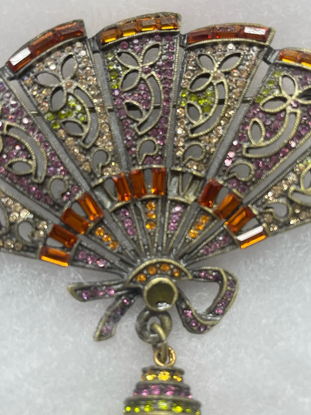 Heidi Daus Vintage Fan Brooch Crystals Pin Green Purple Rust Pave Broach FLAWs